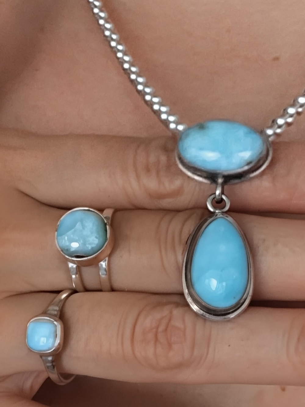Set! Bundle Of Sterling Silver Larimar Teardrop Pendant & Rings